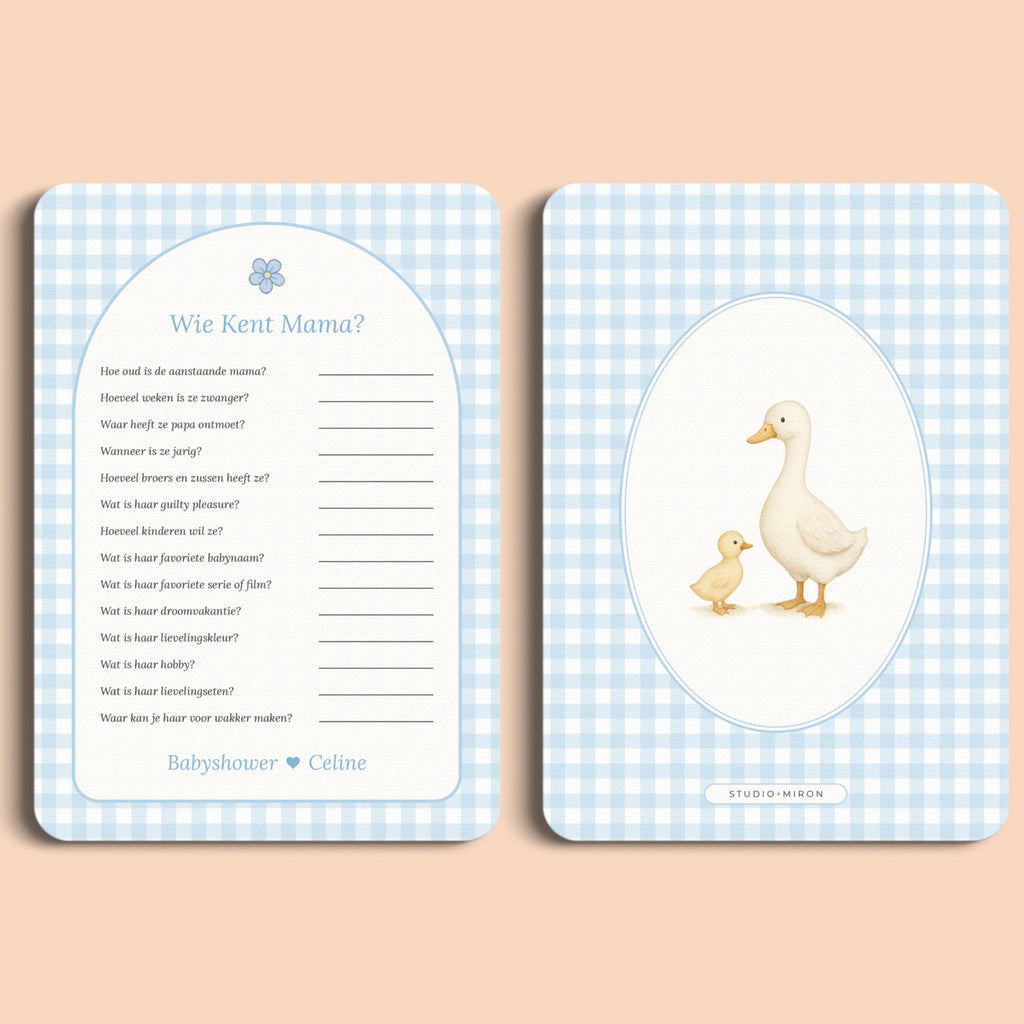Babyshower spelletjes wie kent mama gingham blauw voor en achter Studio Miron