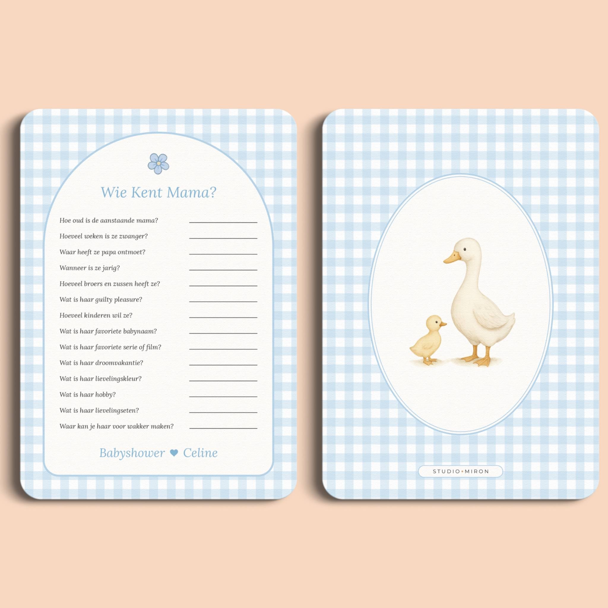 Babyshower spelletjes wie kent mama gingham blauw voor en achter Studio Miron