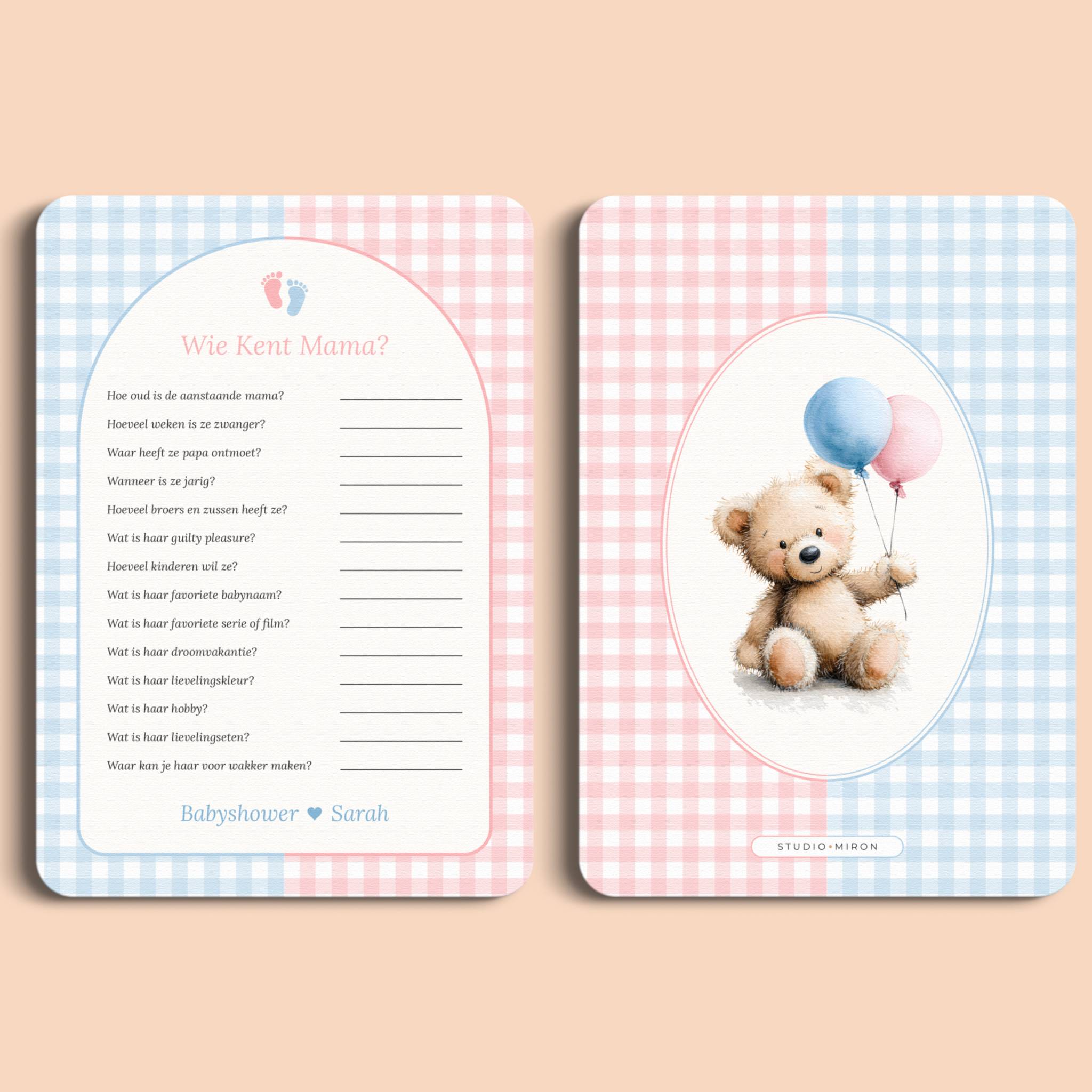 Babyshower spelletjes wie kent mama gingham roze blauw voor en achter Studio Miron