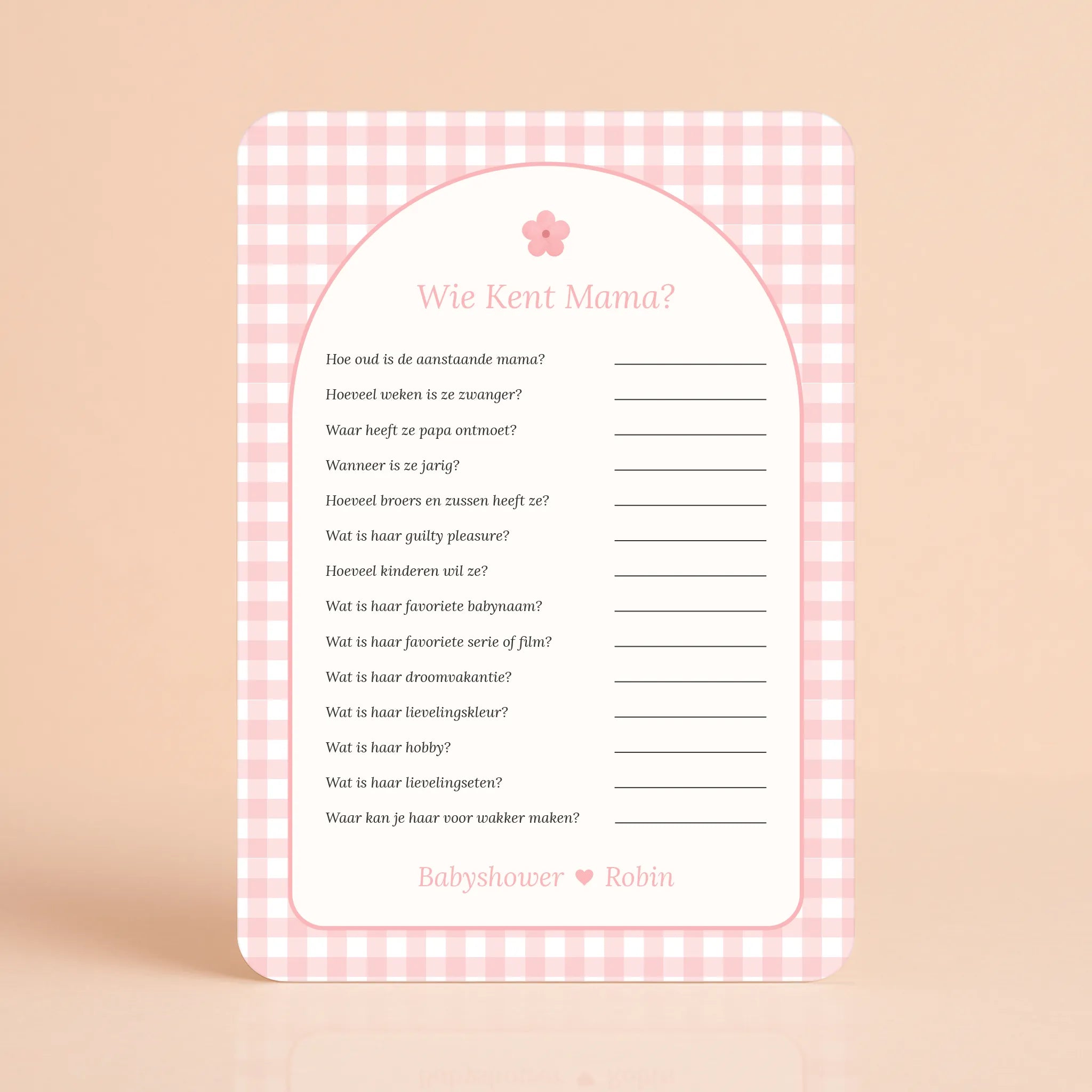 Babyshower spelletjes wie kent mama gingham roze gepersonaliseerd Studio Miron