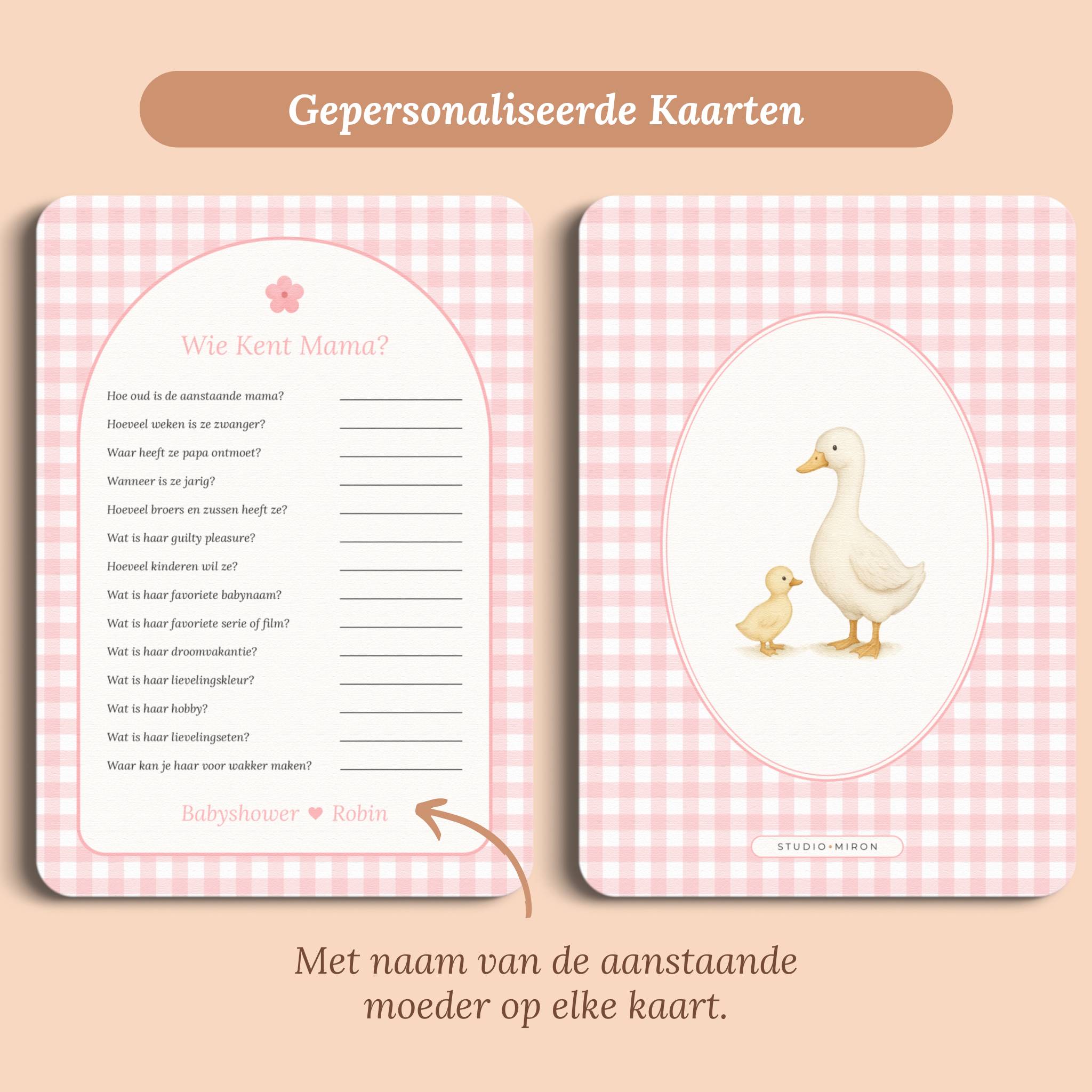 Babyshower spelletjes wie kent mama gingham roze gepersonaliseerd voor en achter Studio Miron