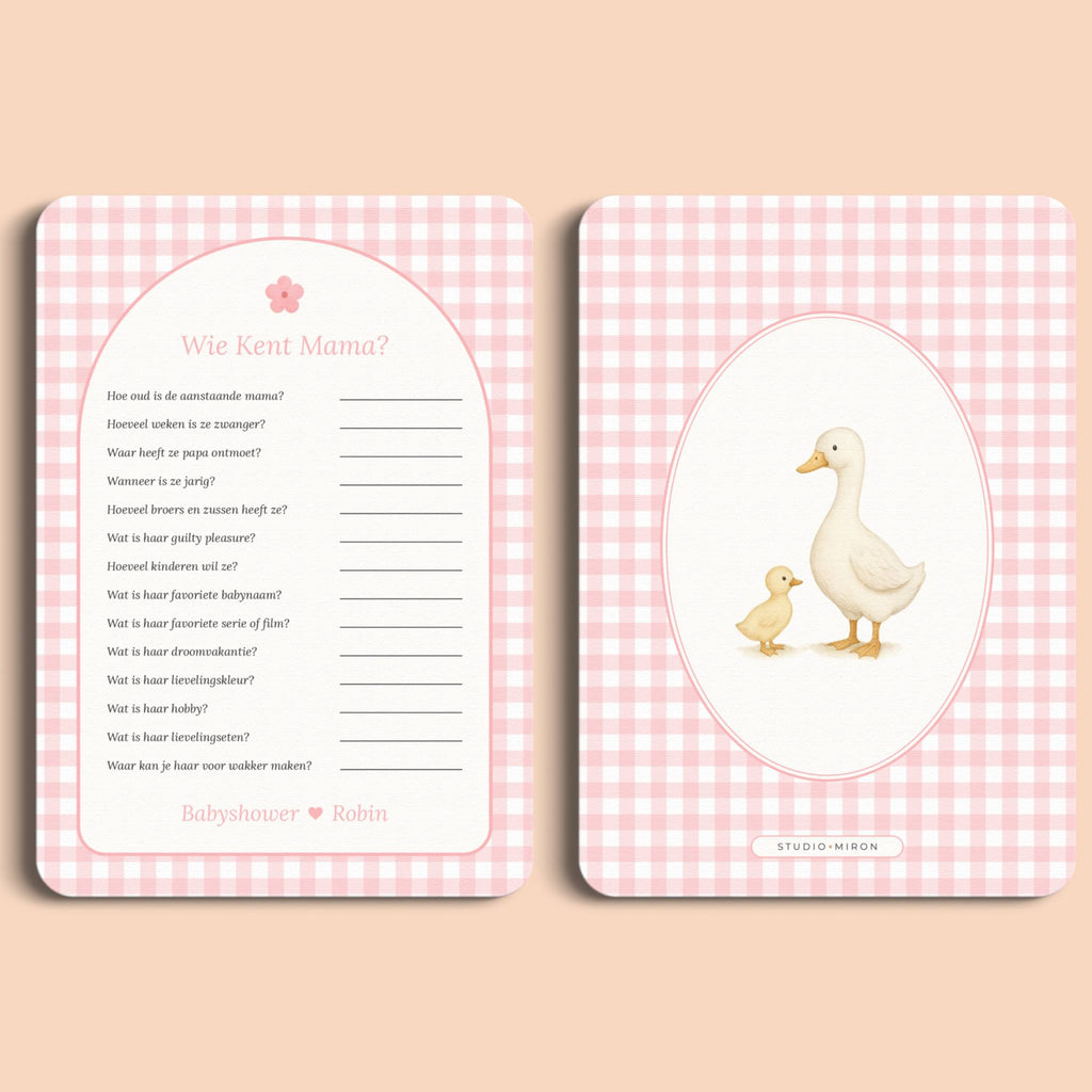 Babyshower spelletjes wie kent mama gingham roze voor en achter Studio Miron