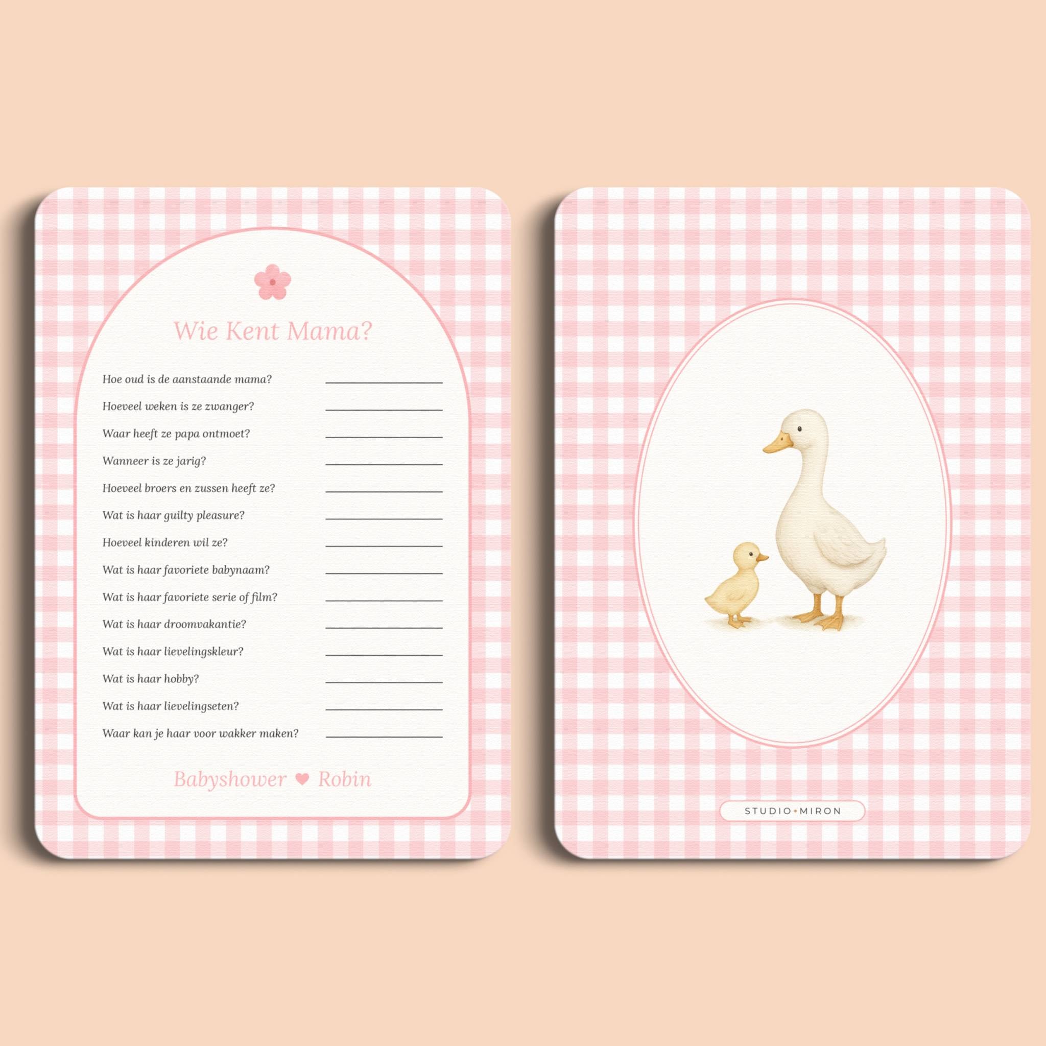 Babyshower spelletjes wie kent mama gingham roze voor en achter Studio Miron