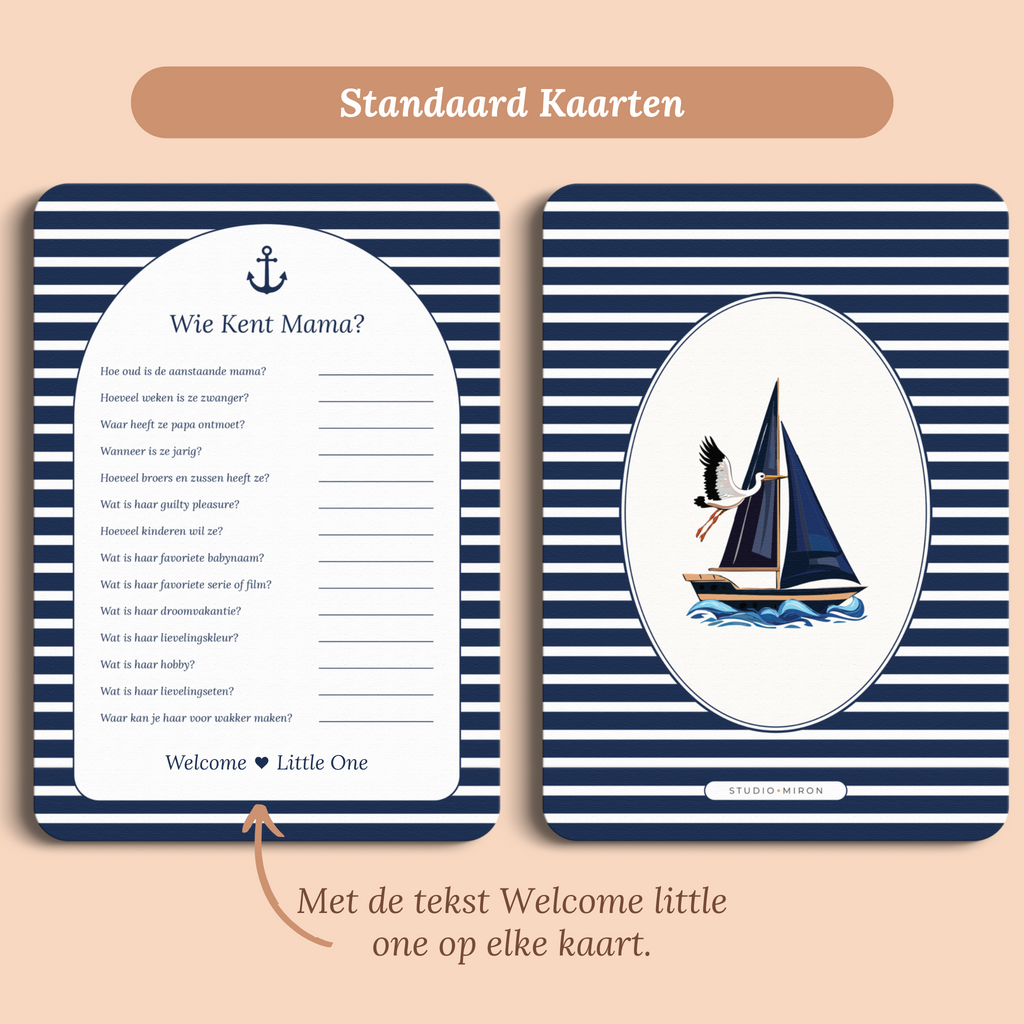 Babyshower spelkaart Wie kent Mama in Navy Blue stijl, standaardversie met Welcome Little One – Studio Miron
