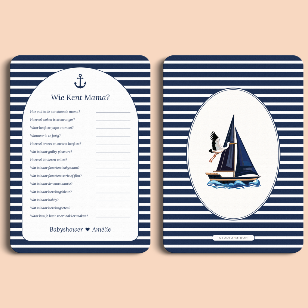 Babyshower spelkaart Wie kent Mama in Navy Blue stijl, voor- en achterkant – Studio Miron