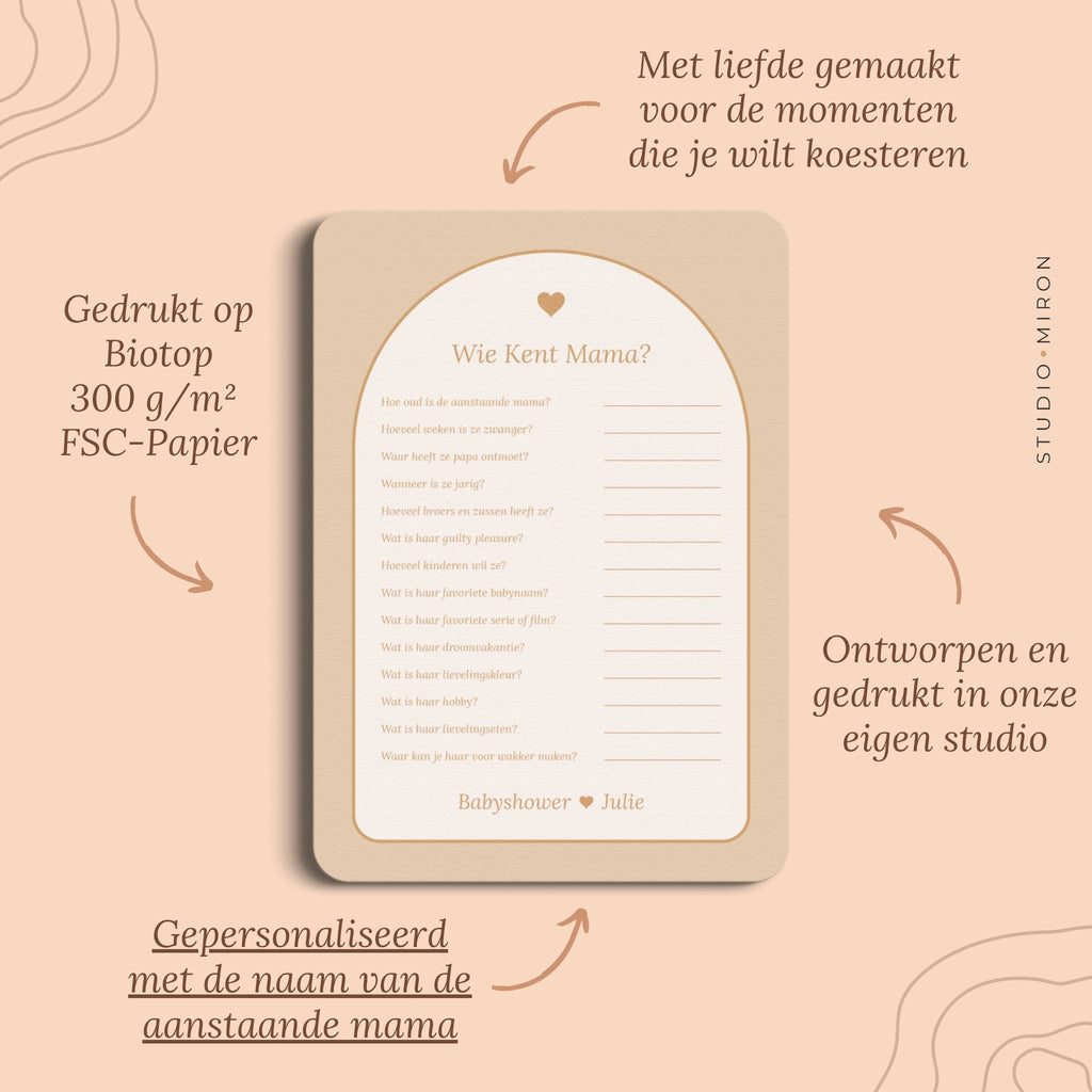 Babyshower spel Wie kent Mama in Boho Zand Beer stijl, pluspunten – Studio Miron