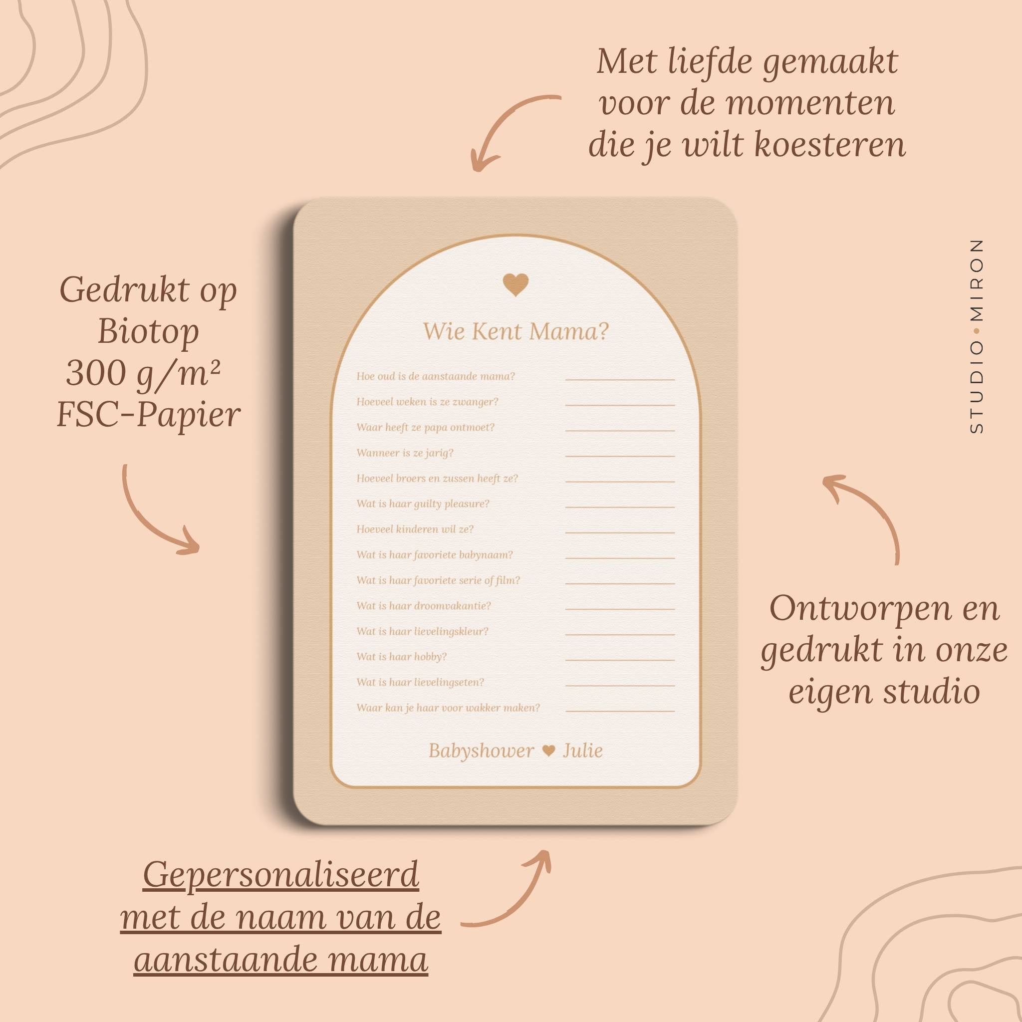 Babyshower spel Wie kent Mama in Boho Zand Beer stijl, pluspunten – Studio Miron