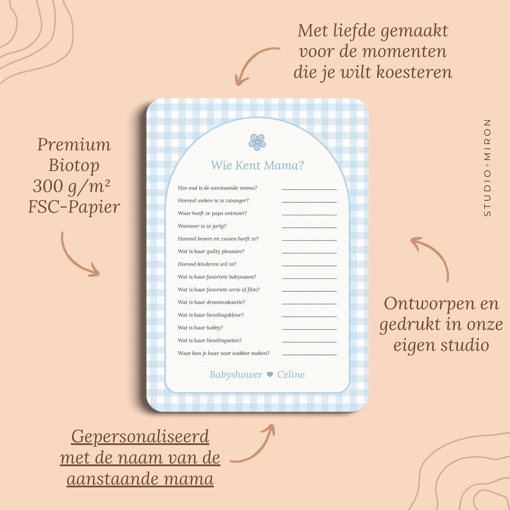 Babyshower spelletjes wie kent mama pluspunten gingham blauw Studio Miron