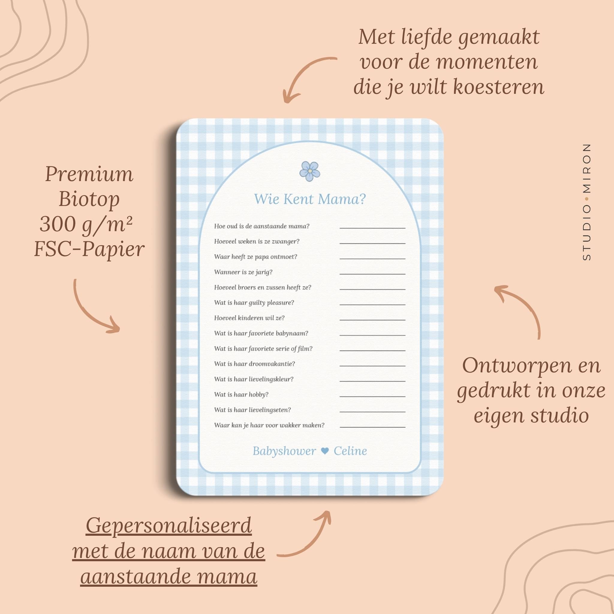 Babyshower spelletjes wie kent mama pluspunten gingham blauw Studio Miron