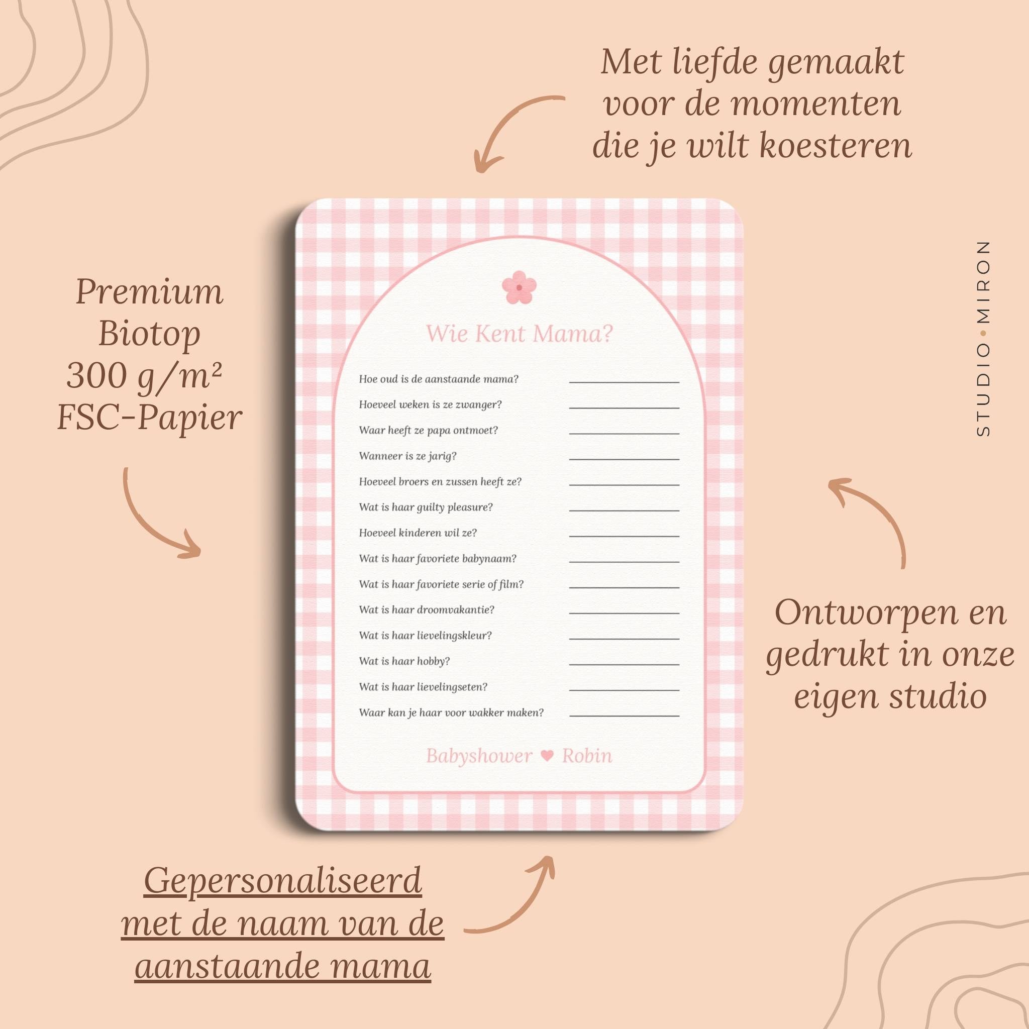 Babyshower spelletjes wie kent mama pluspunten gingham roze Studio Miron