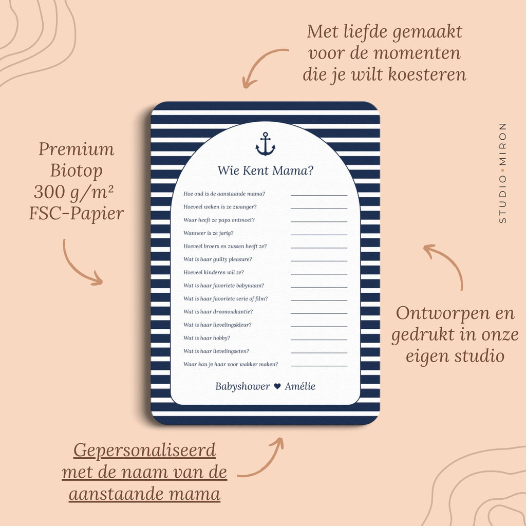 Babyshower spelletjes wie kent mama pluspunten navy blue Studio Miron