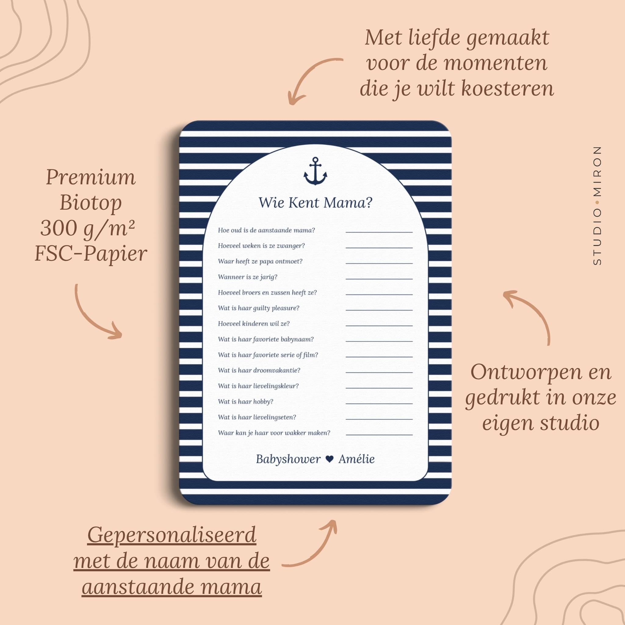 Babyshower spelletjes wie kent mama pluspunten navy blue Studio Miron