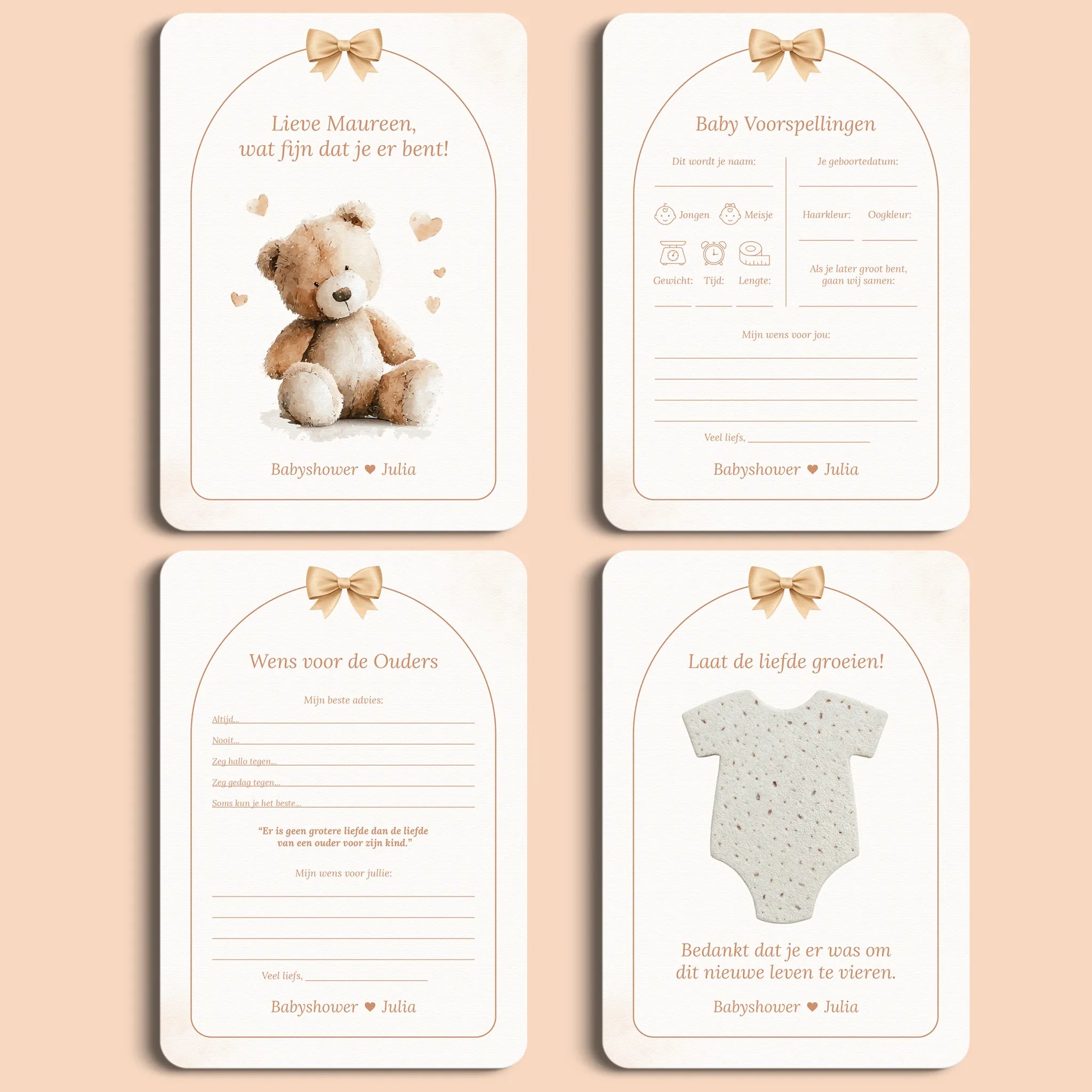 Babyshower Starterspakket in Boho Strik stijl, inclusief invulkaarten, cadeau en welkomstposter gepersonaliseerd met naam – Studio Miron