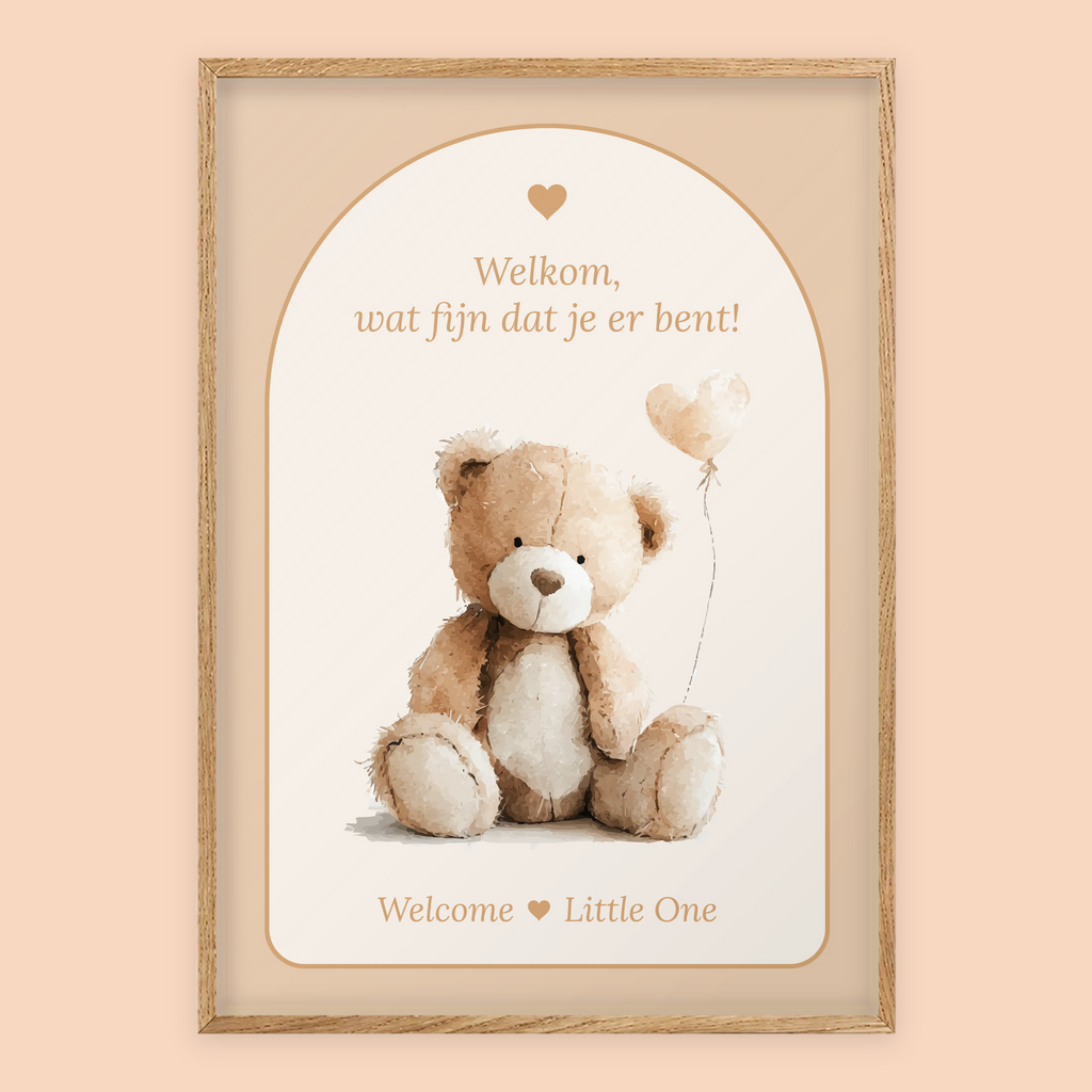 Babyshower welkomstposter in Boho Zand met beertje in eiken lijst, standaardversie met Welcome Little One – Studio Miron