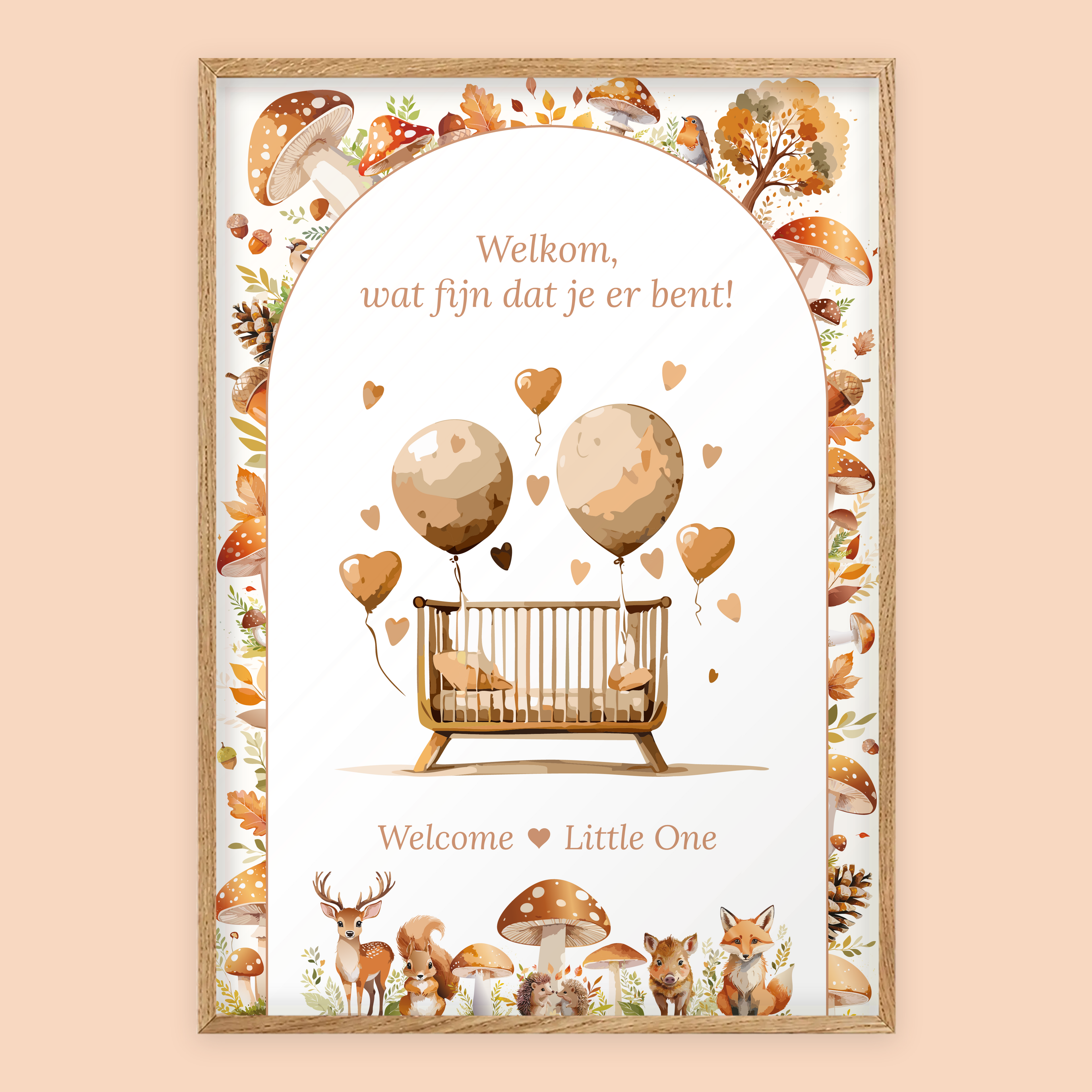 Babyshower welkomstposter in Bosdieren in eiken lijst, standaardversie met Welcome Little One – Studio Miron