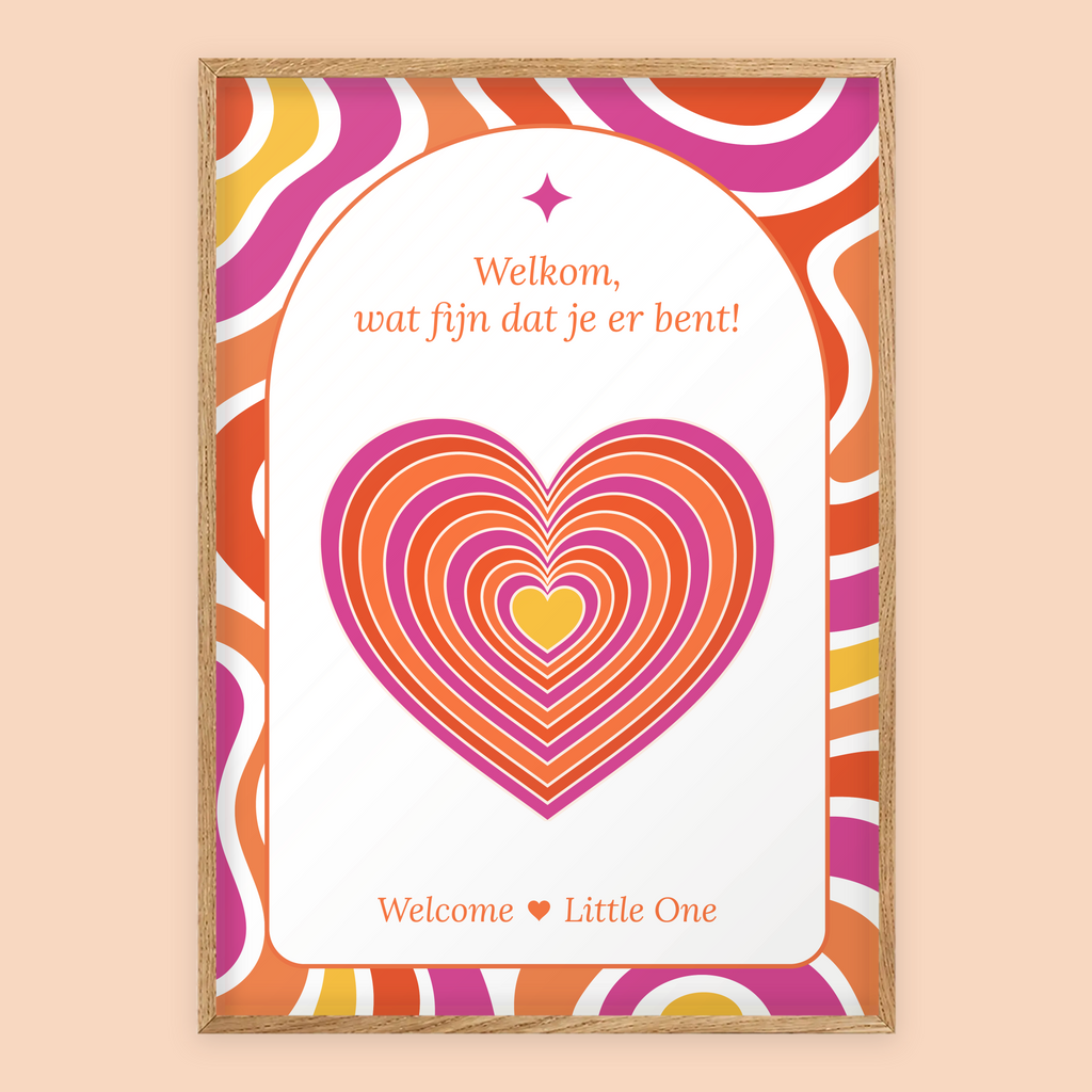 Babyshower welkomstposter in Flower Power in eiken lijst, standaardversie met Welcome Little One – Studio Miron