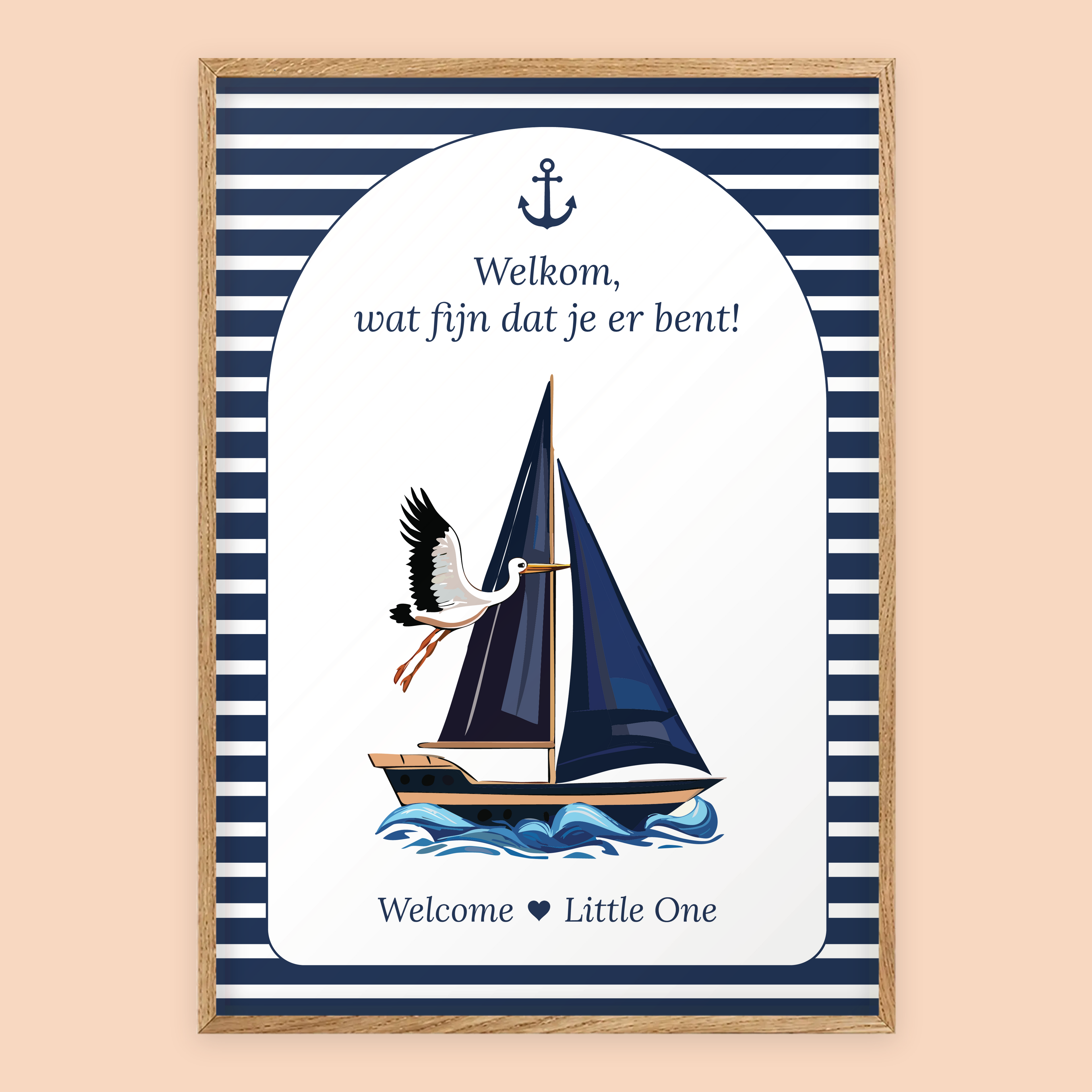 Babyshower welkomstposter in Navy Blue in eiken lijst, standaardversie met Welcome Little One – Studio Miron
