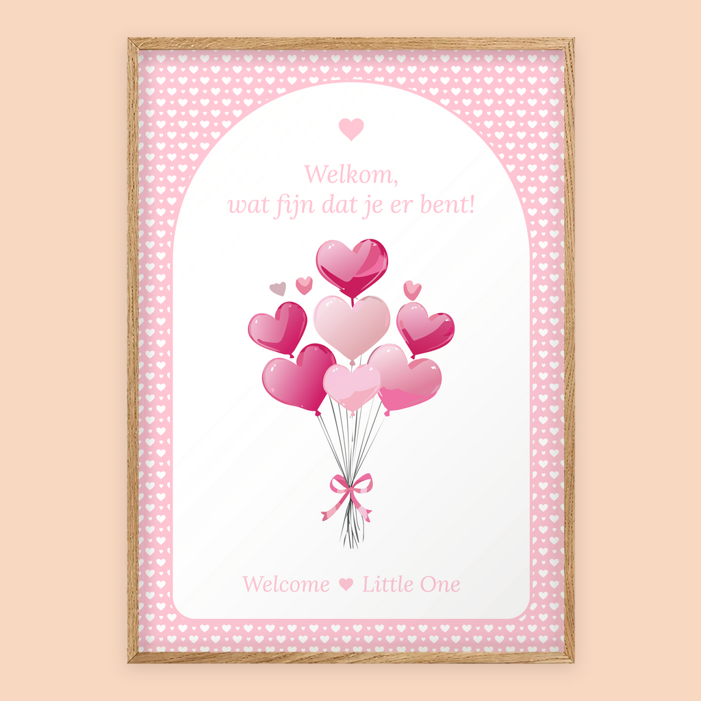 Babyshower welkomstposter in Roze Hartjes in eiken lijst, standaardversie met Welcome Little One – Studio Miron
