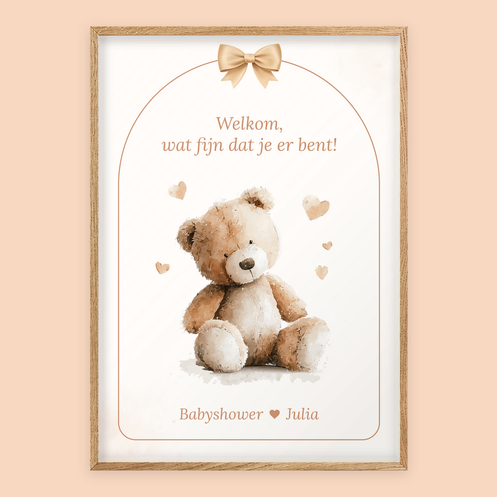 Babyshower welkomstposter in Boho Beige in eiken lijst, gepersonaliseerd met eigen tekst – Studio Miron