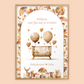 Babyshower welkomstposter in Bosdieren in eiken lijst, gepersonaliseerd met eigen tekst – Studio Miron