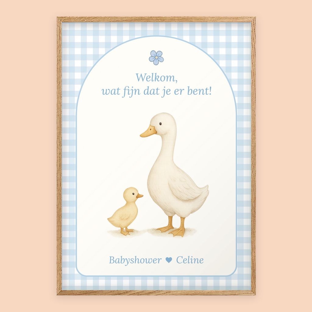 Babyshower welkomstposter in Gingham Blauw in eiken lijst, gepersonaliseerd met eigen tekst – Studio Miron
