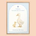 Babyshower welkomstposter in Gingham Blauw in eiken lijst, gepersonaliseerd met eigen tekst – Studio Miron
