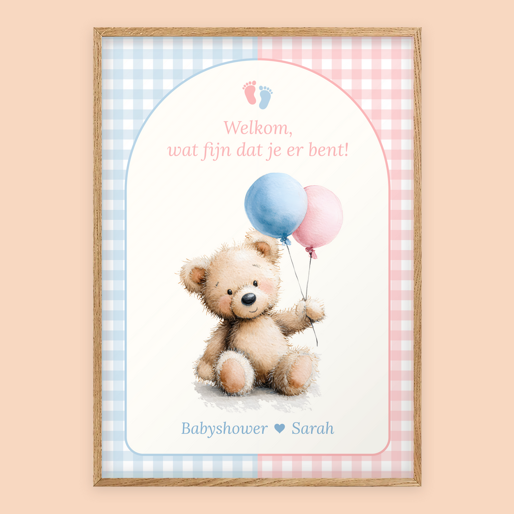 Babyshower welkomstposter in Gingham Roze-Blauw in eiken lijst, gepersonaliseerd met eigen tekst – Studio Miron
