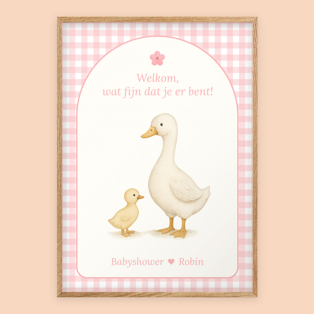 Babyshower welkomstposter in Gingham Roze in eiken lijst, gepersonaliseerd met eigen tekst – Studio Miron