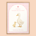 Babyshower welkomstposter in Gingham Roze in eiken lijst, gepersonaliseerd met eigen tekst – Studio Miron