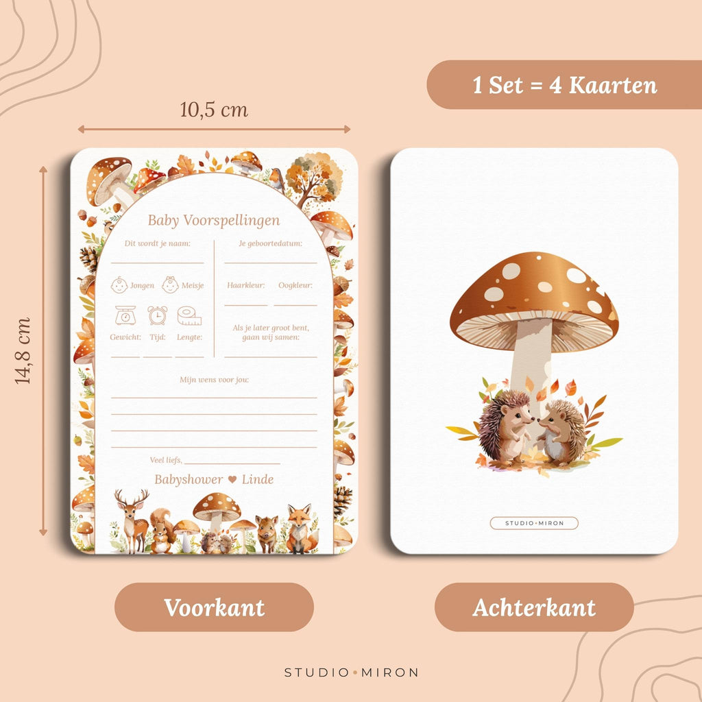 Set 4 kaarten babyshower invulkaarten baby voorspelling formaat voorkant en achterkant bosdieren Studio Miron