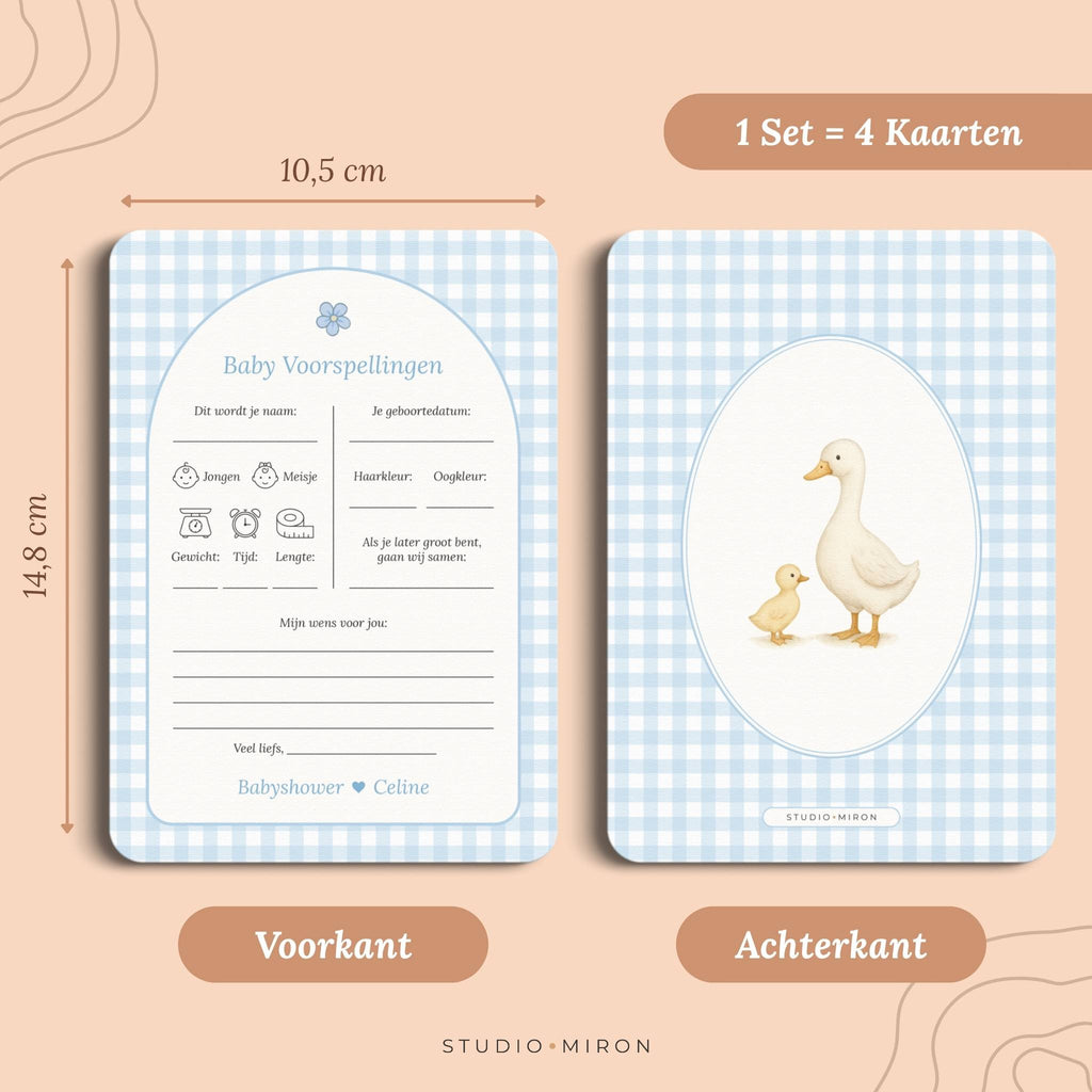 Set 4 kaarten babyshower invulkaarten baby voorspelling formaat voorkant en achterkant gingham blauw Studio Miron