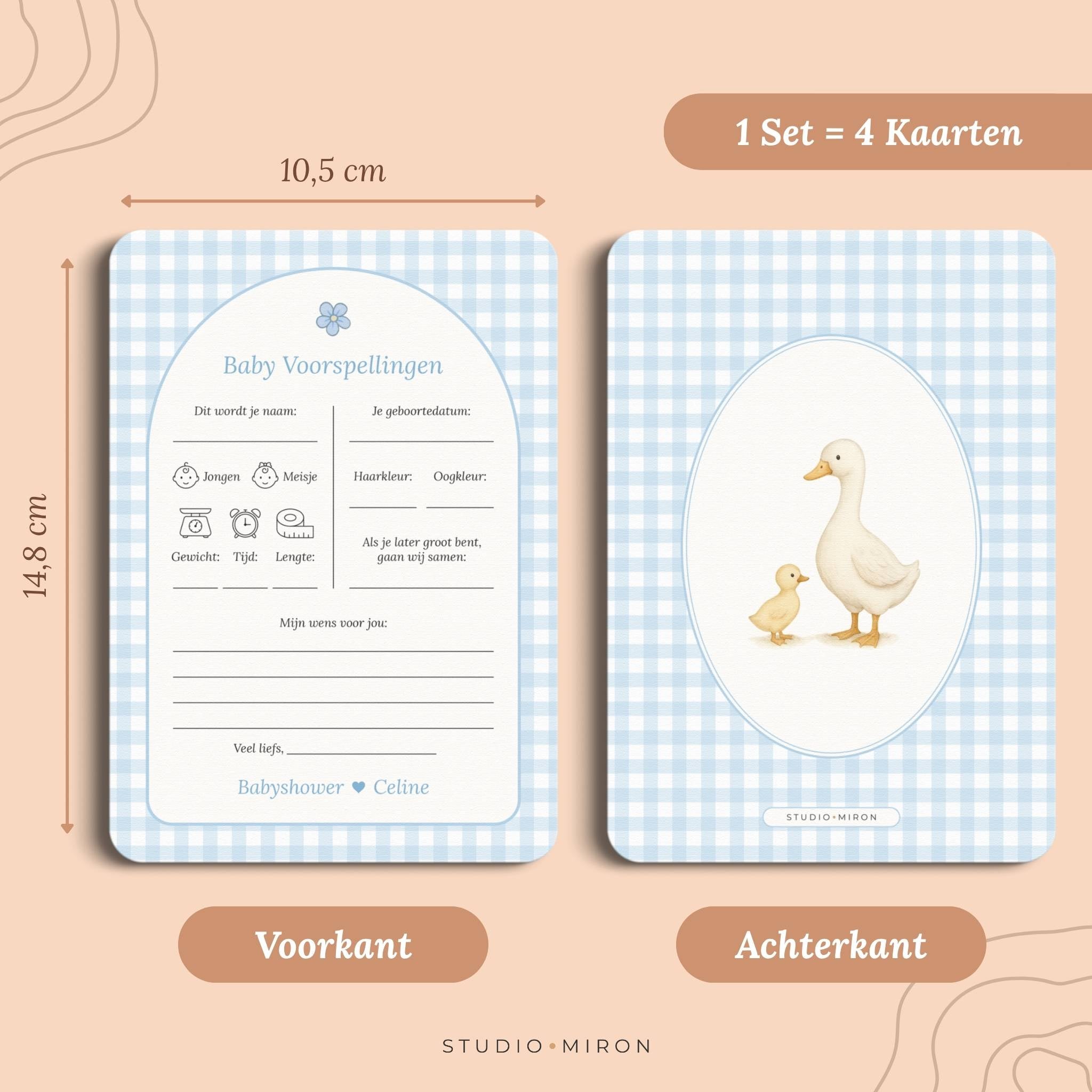 Set 4 kaarten babyshower invulkaarten baby voorspelling formaat voorkant en achterkant gingham blauw Studio Miron