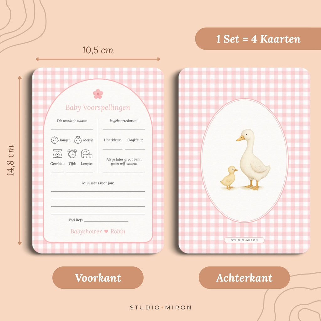 Set 4 kaarten babyshower invulkaarten baby voorspelling formaat voorkant en achterkant gingham roze Studio Miron