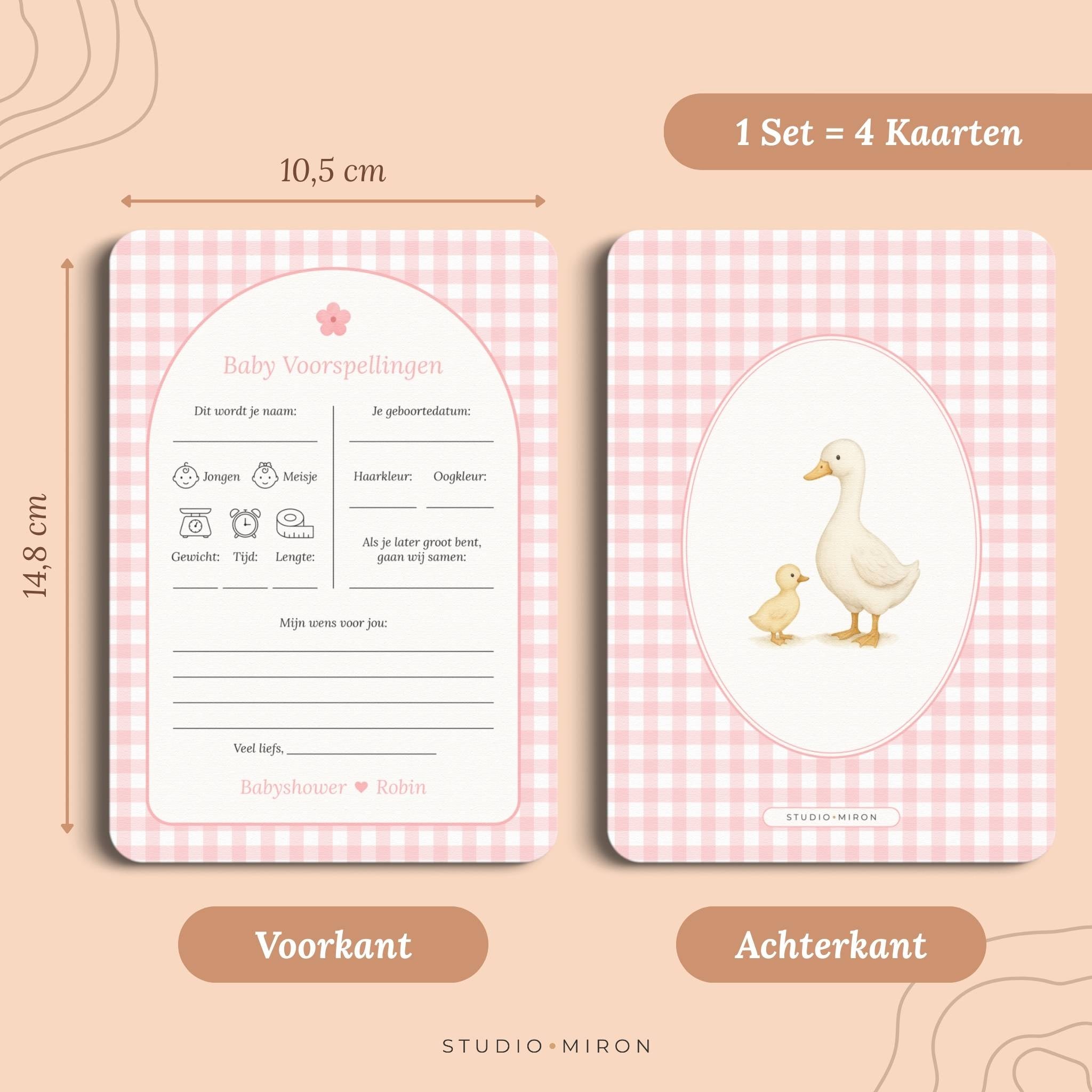 Set 4 kaarten babyshower invulkaarten baby voorspelling formaat voorkant en achterkant gingham roze Studio Miron