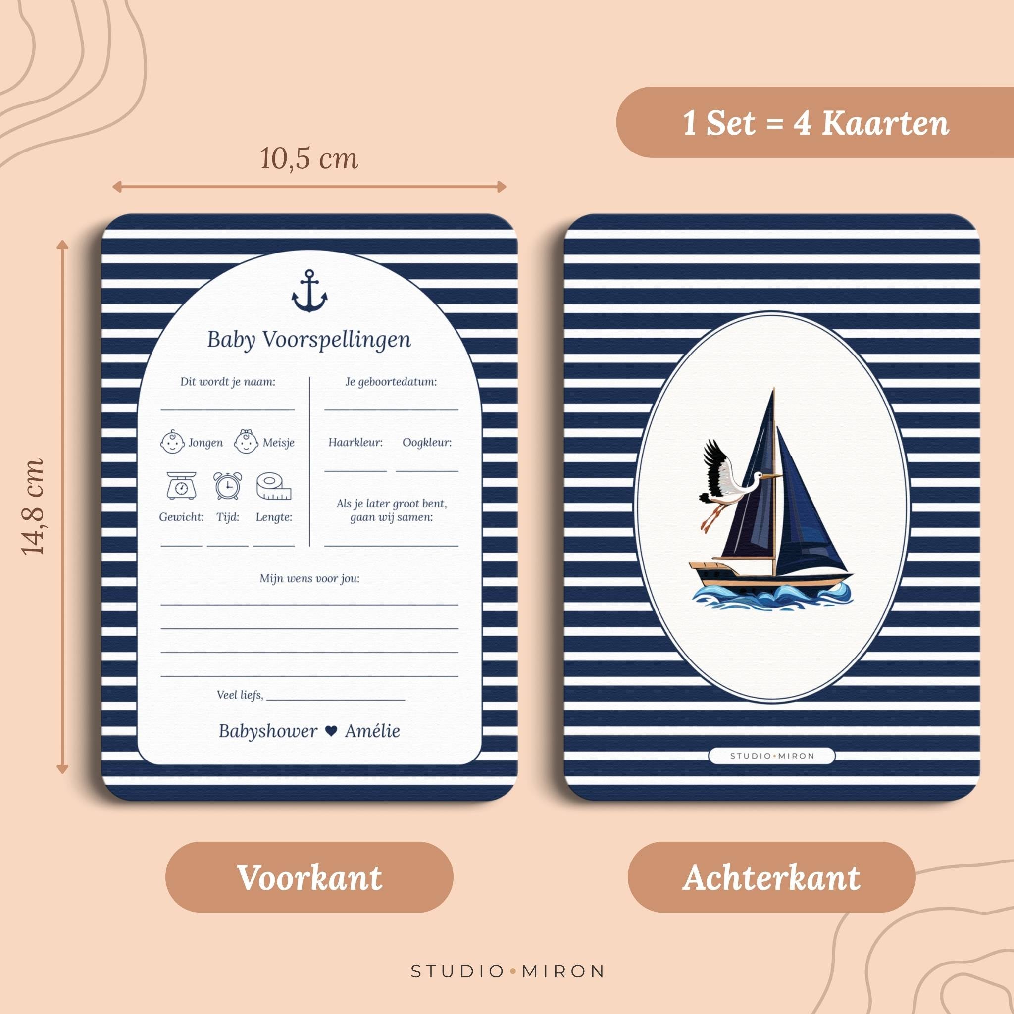 Set 4 kaarten babyshower invulkaarten baby voorspelling formaat voorkant en achterkant navy blue Studio Miron