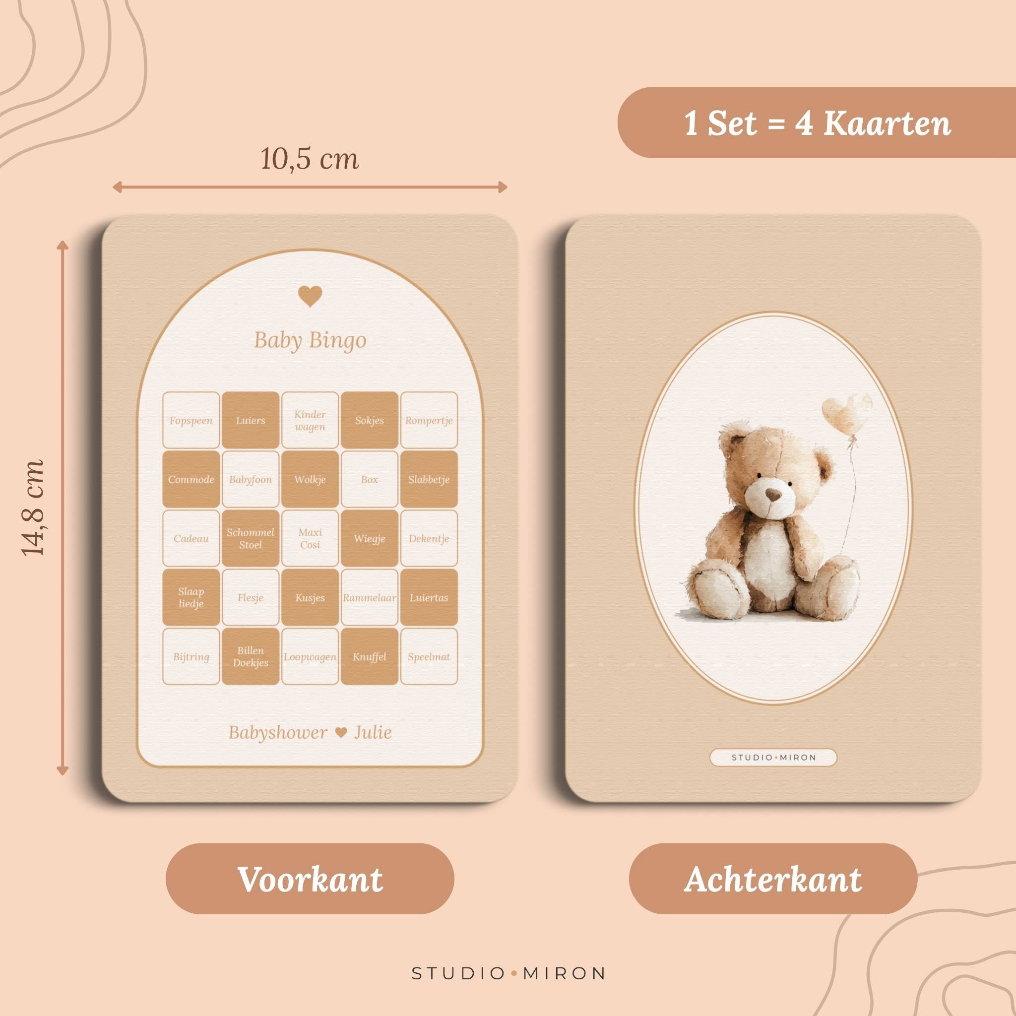 Set 4 kaarten babyshower spelletjes baby bingo formaat voorkant en achterkant boho beige zand Studio Miron