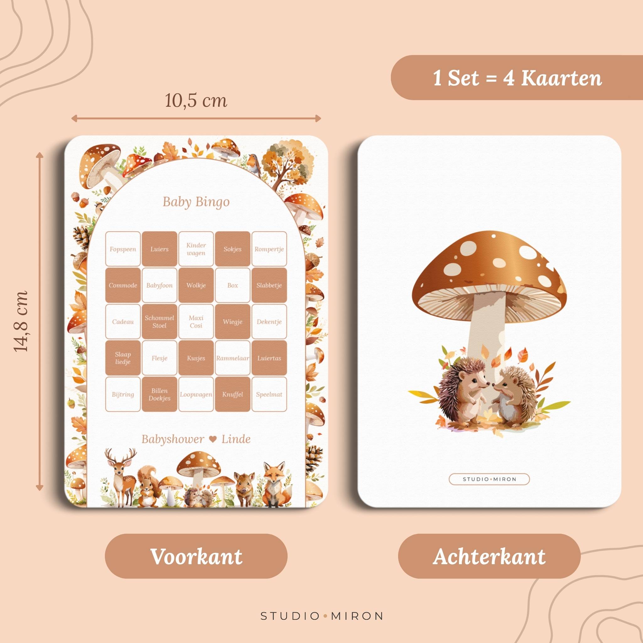Set 4 kaarten babyshower spelletjes baby bingo formaat voorkant en achterkant bosdieren Studio Miron