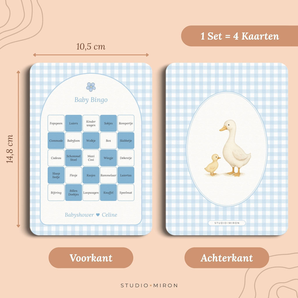 Set 4 kaarten babyshower spelletjes baby bingo formaat voorkant en achterkant gingham blauw Studio Miron