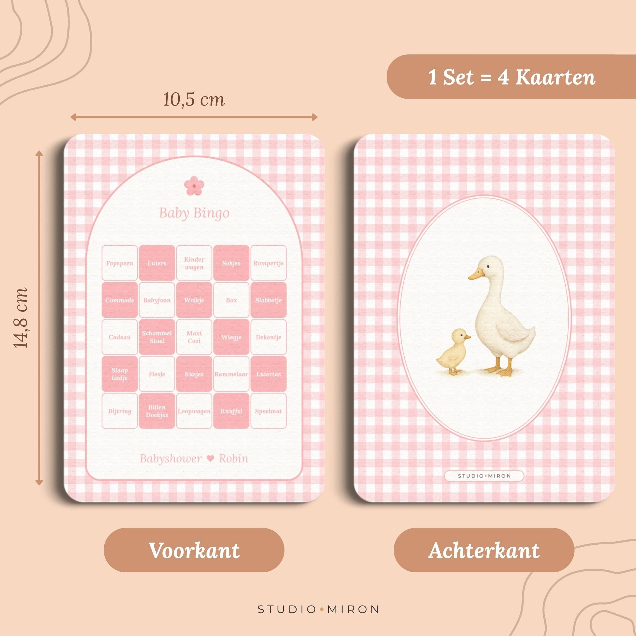 Set 4 kaarten babyshower spelletjes baby bingo formaat voorkant en achterkant gingham roze Studio Miron