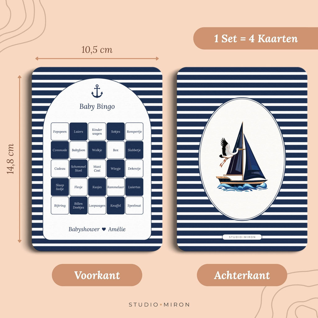 Set 4 kaarten babyshower spelletjes baby bingo formaat voorkant en achterkant navy blue Studio Miron