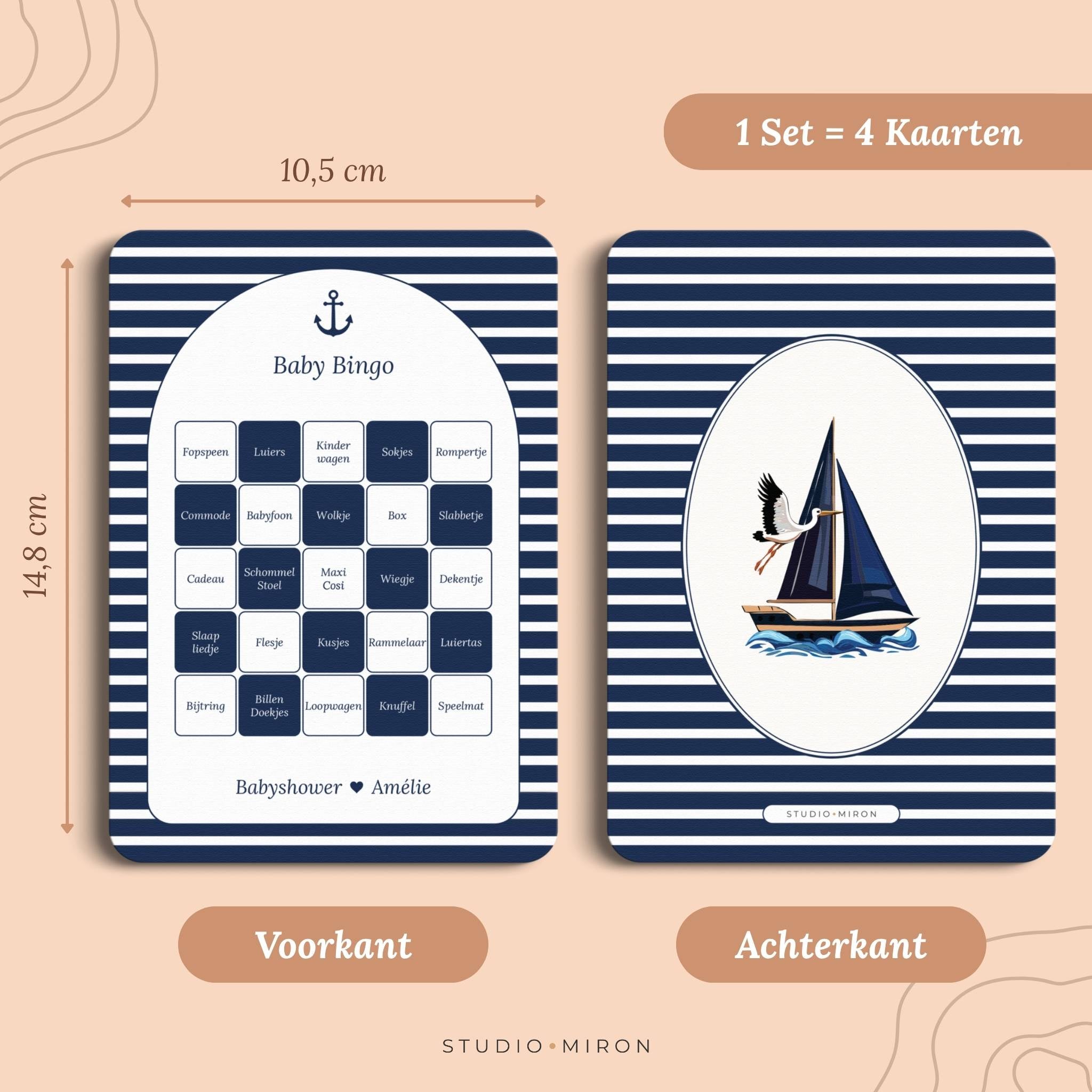 Set 4 kaarten babyshower spelletjes baby bingo formaat voorkant en achterkant navy blue Studio Miron