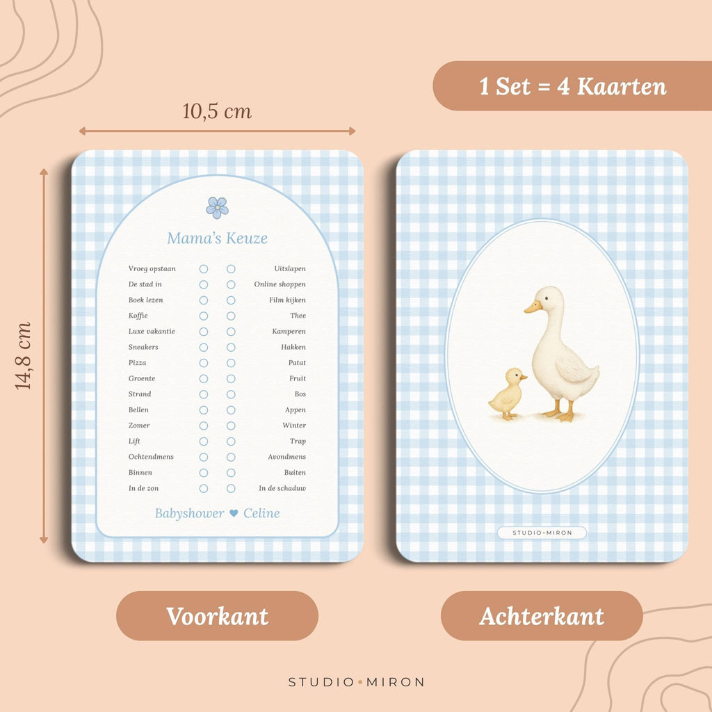 Set 4 kaarten babyshower spelletjes mamas keuze formaat voorkant en achterkant gingham blauw Studio Miron