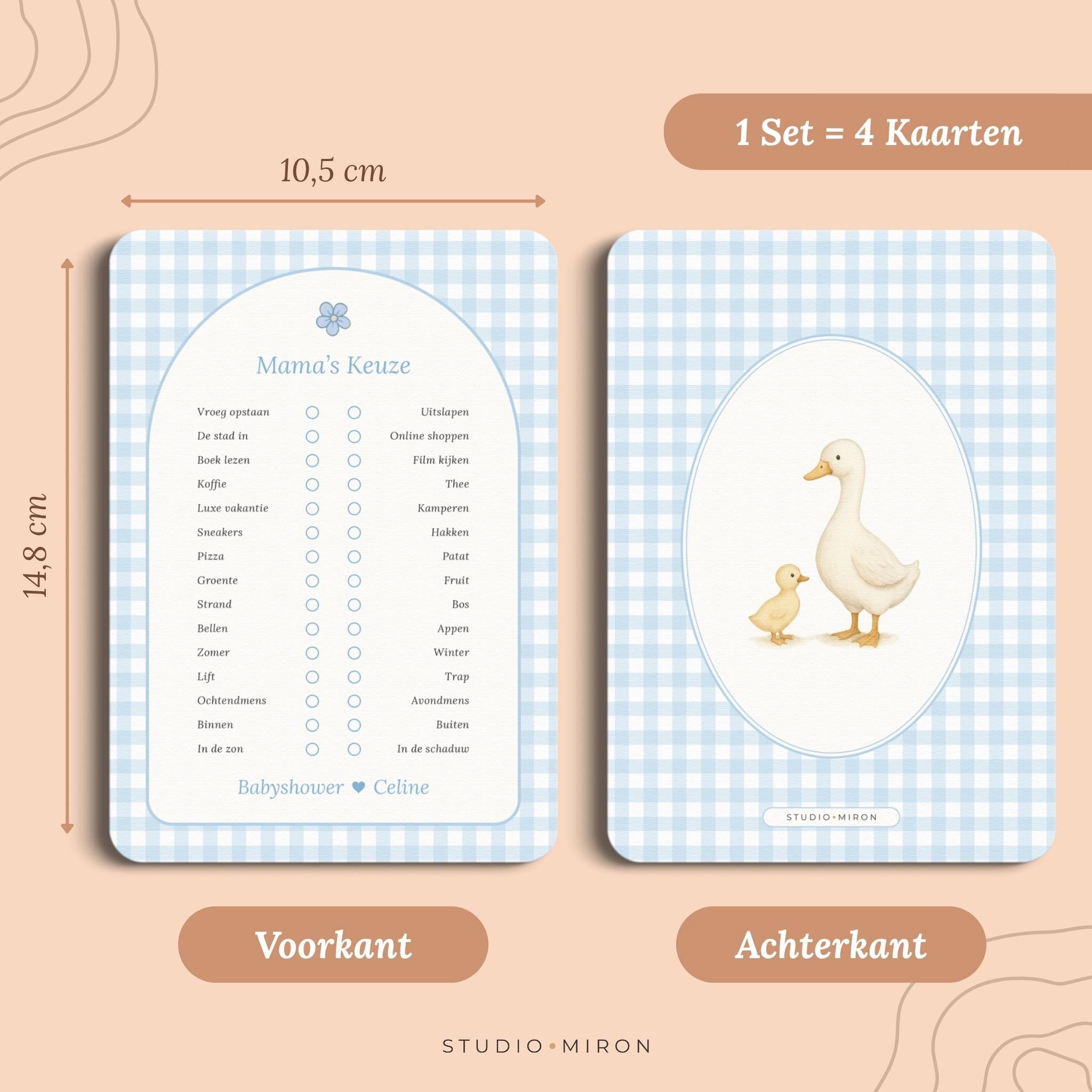 Set 4 kaarten babyshower spelletjes mamas keuze formaat voorkant en achterkant gingham blauw Studio Miron