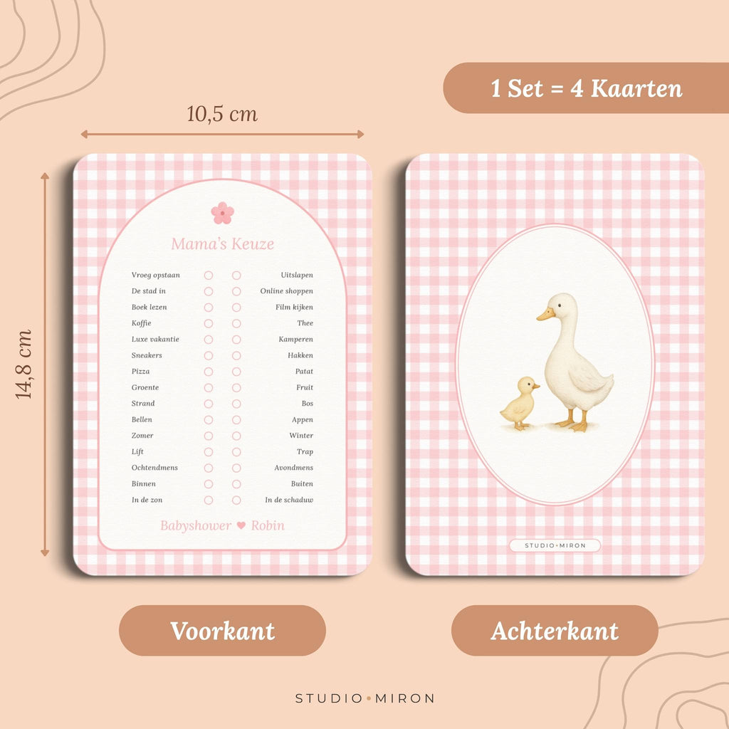 Set 4 kaarten babyshower spelletjes mamas keuze formaat voorkant en achterkant gingham roze Studio Miron