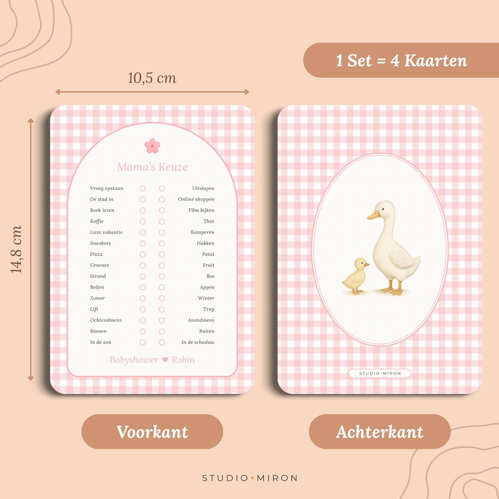 Set 4 kaarten babyshower spelletjes mamas keuze formaat voorkant en achterkant gingham roze Studio Miron