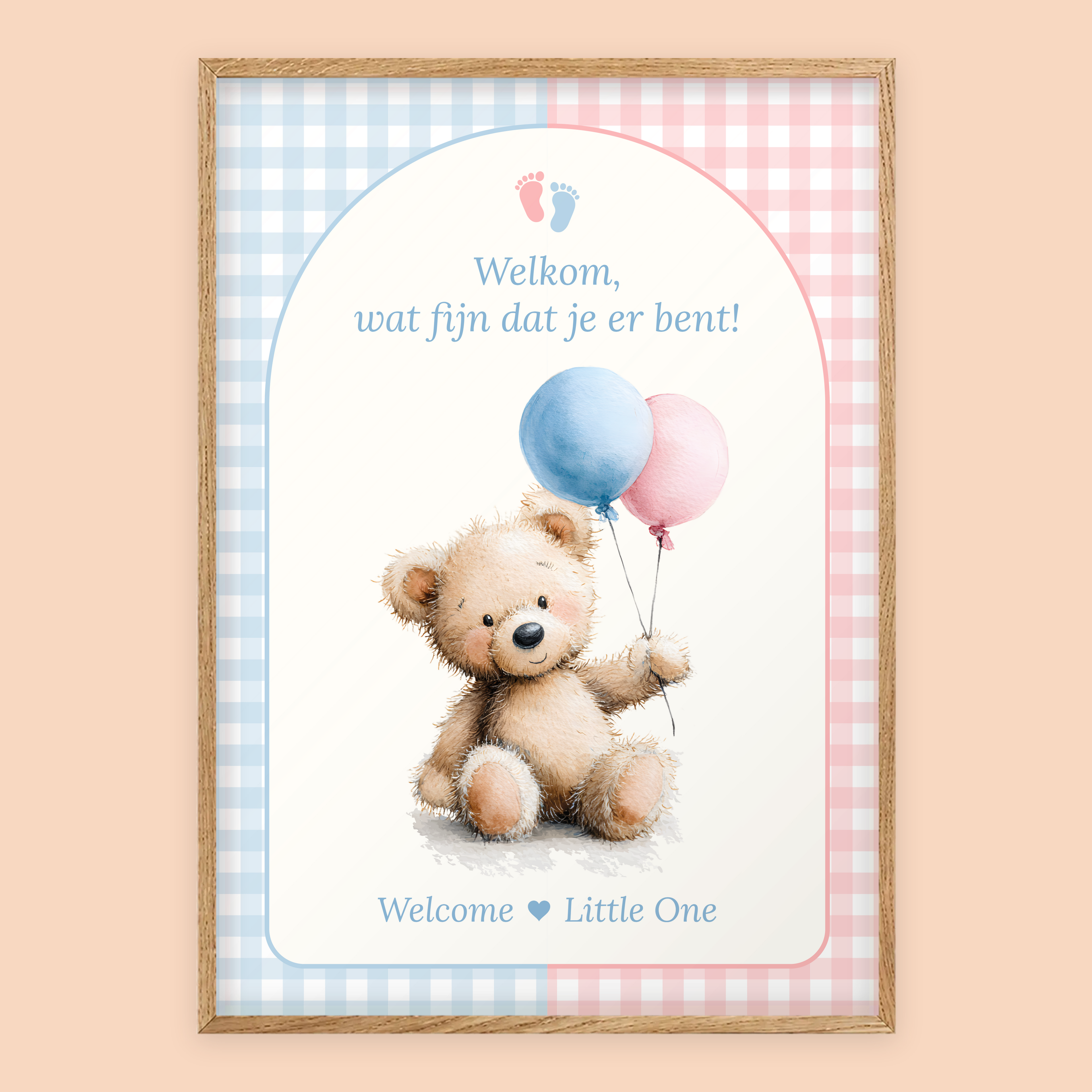Babyshower welkomstposter in Gingham Roze-Blauw in eiken lijst, standaardversie met Welcome Little One – Studio Miron