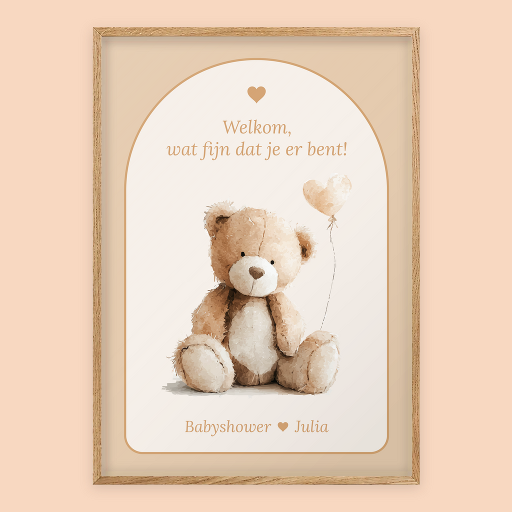 Babyshower welkomstposter in Boho Zand met beertje in eiken lijst, gepersonaliseerd met eigen tekst – Studio Miron